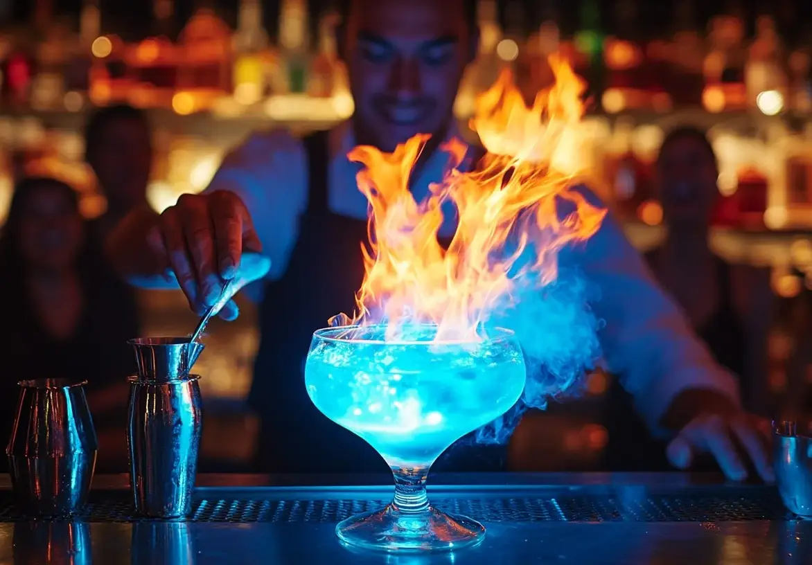 Bartender mixing drinks in a lively bar setting
