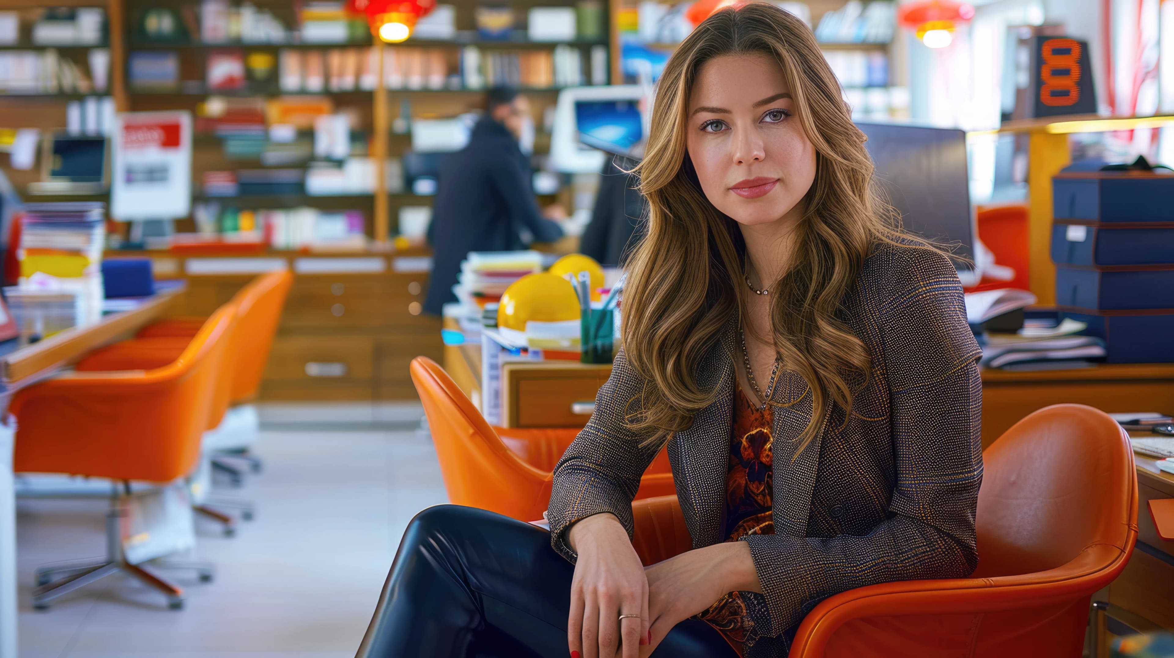 Elegant businesswoman working at desk in modern office